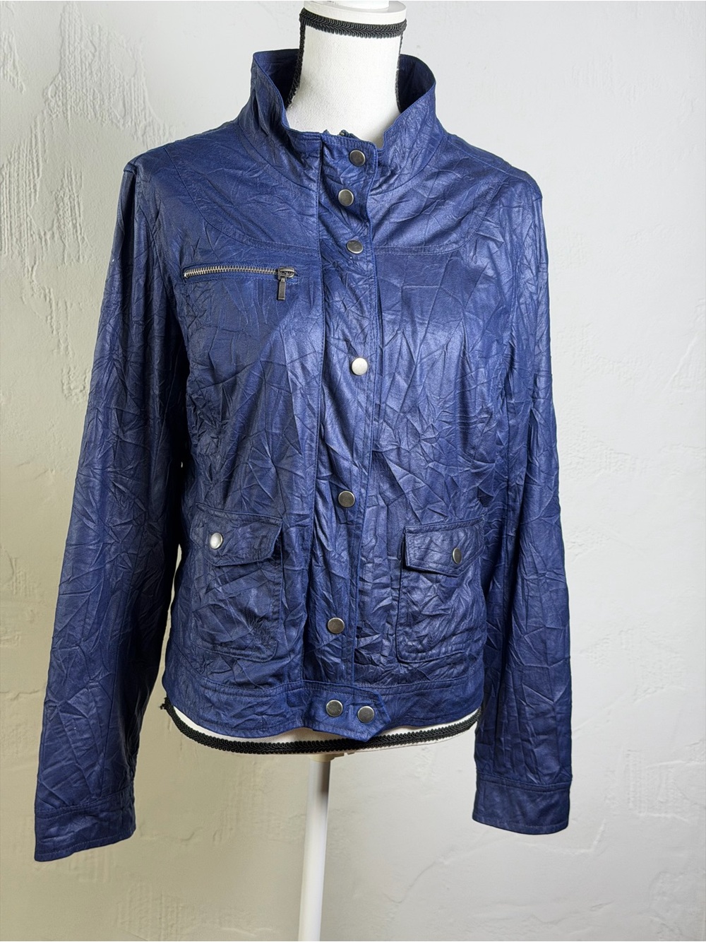 Vintage DDP Unique Navy Women's Crinkle Fabric Moto Style Jacket ! Fits like Med